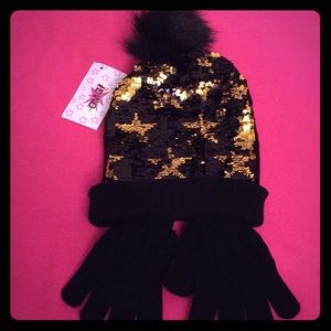 OMG! Sequined Pom Pom Beanie & Gloves Set